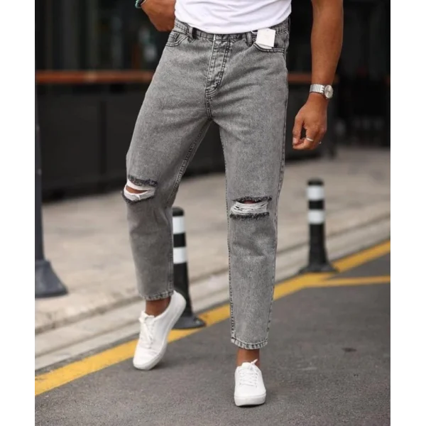 Erkek Gri Yıkama Yırtık Detaylı Boyfriend Jean