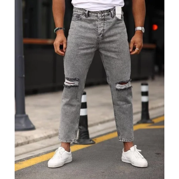 Erkek Gri Yıkama Yırtık Detaylı Boyfriend Jean