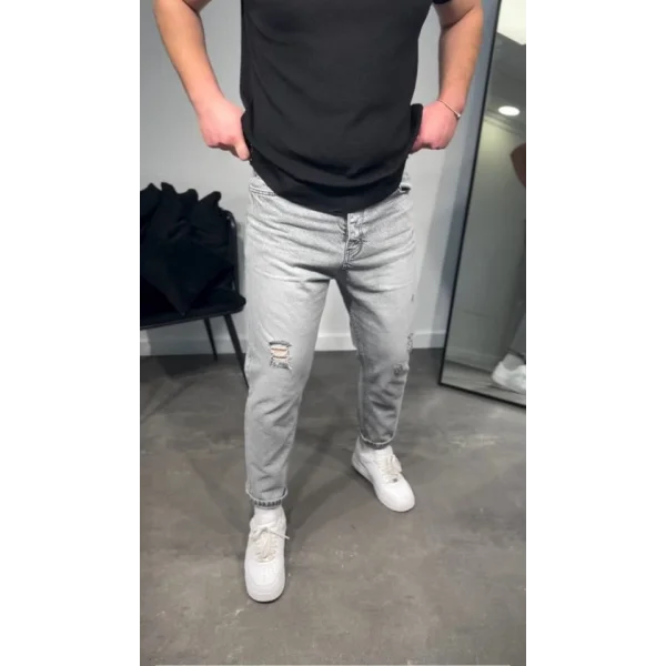 Erkek Gri Yırtık Detaylı Boyfriend Jean