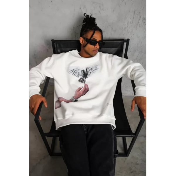 Erkek Güvercin Baskılı Sweatshirt - Beyaz