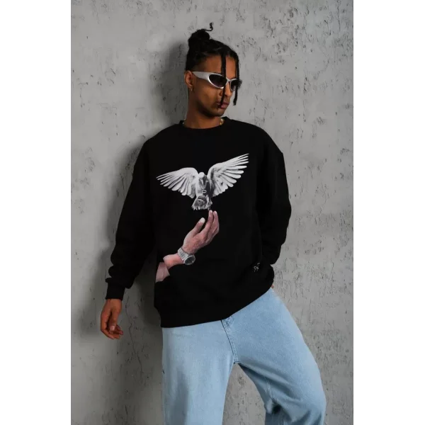 Erkek Güvercin Baskılı Sweatshirt - Siyah