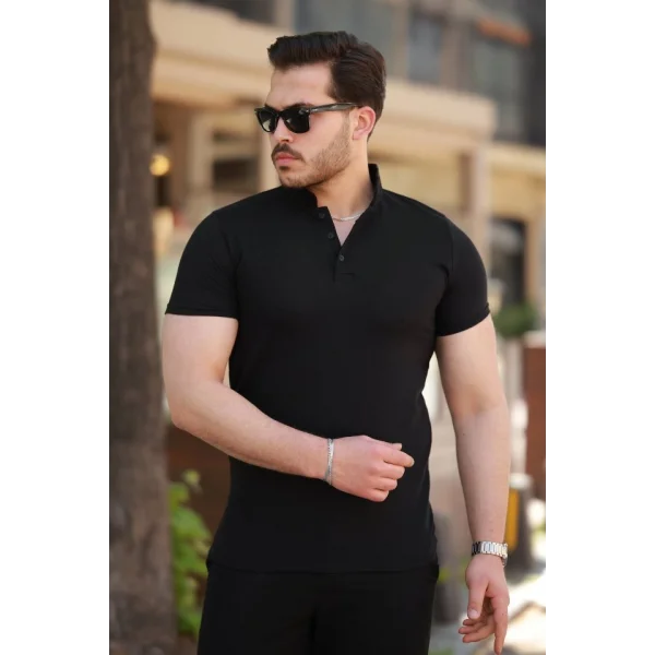 Erkek Hakim Yaka Dokuma Pamuklu Kumaş Kısa Kollu T-shirt