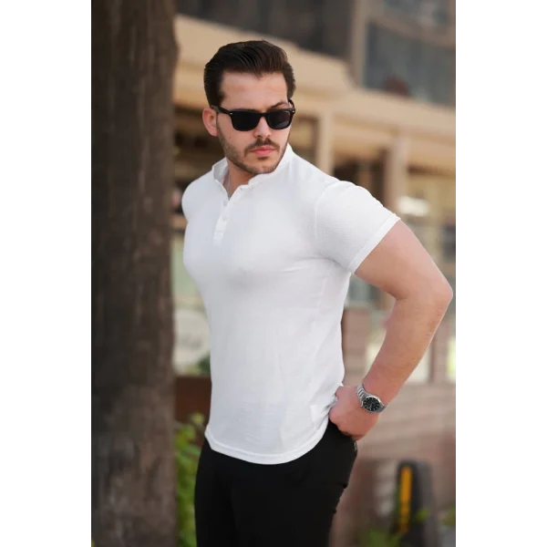 Erkek Hakim Yaka Dokuma Pamuklu Kumaş Kısa Kollu T-shirt