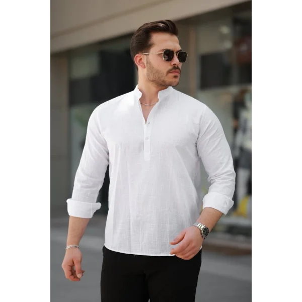 Erkek Hakim Yaka Yarım Düğmeli Keten Gömlek