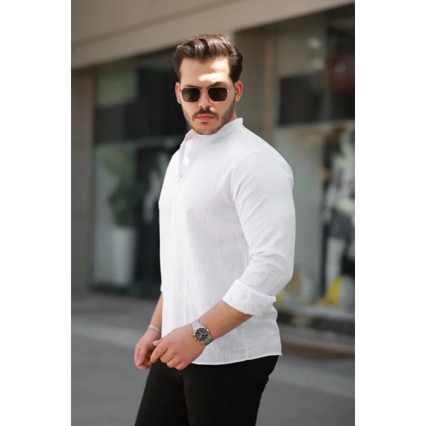Erkek Hakim Yaka Yarım Düğmeli Keten Gömlek