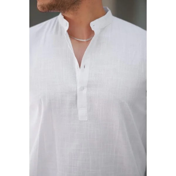 Erkek Hakim Yaka Yarım Düğmeli Keten Gömlek