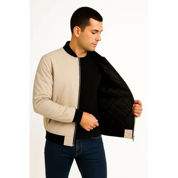 Erkek Bomber Mont Ceket – Fermuarlı, Kapitone İçi Astarlı, Su İtici Kumaş, Regular Fit, Uzun Kollu, Yandan Cepli, Bahar & Kış Rahat Günlük Stil - Bej