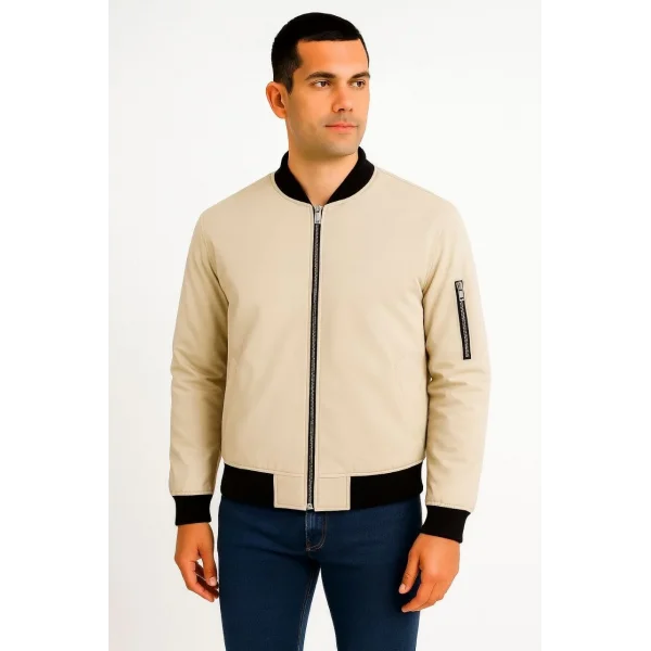 Erkek Bomber Mont Ceket – Fermuarlı, Kapitone İçi Astarlı, Su İtici Kumaş, Regular Fit, Uzun Kollu, Yandan Cepli, Bahar & Kış Rahat Günlük Stil - Bej