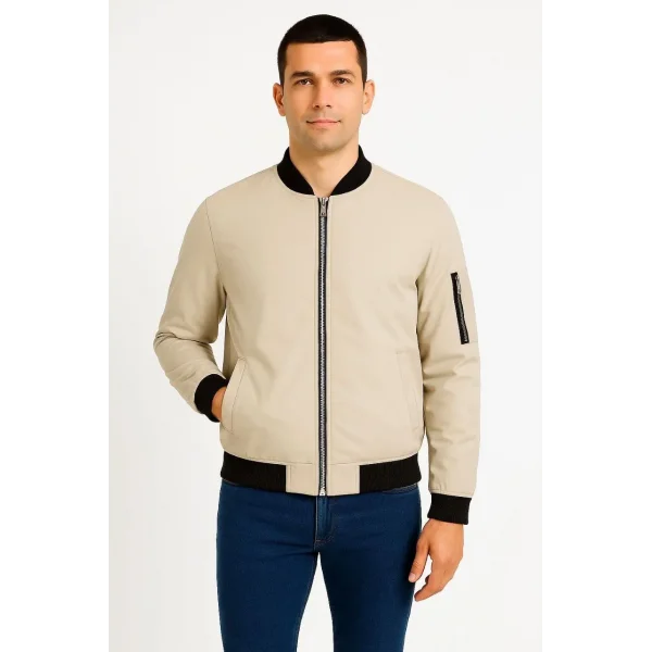 Erkek Bomber Mont Ceket – Fermuarlı, Kapitone İçi Astarlı, Su İtici Kumaş, Regular Fit, Uzun Kollu, Yandan Cepli, Bahar & Kış Rahat Günlük Stil - Bej