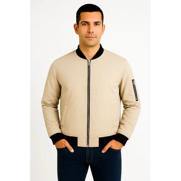 Erkek Bomber Mont Ceket – Fermuarlı, Kapitone İçi Astarlı, Su İtici Kumaş, Regular Fit, Uzun Kollu, Yandan Cepli, Bahar & Kış Rahat Günlük Stil - Bej