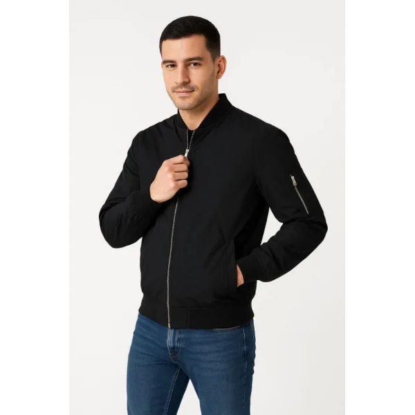 Erkek Içi Astarlı Fermuarlı Bomber Mont Ceket - Siyah