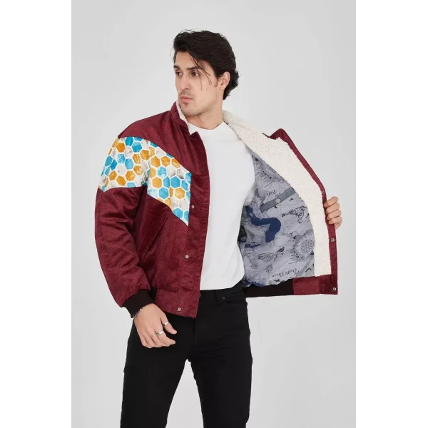 Erkek İçi Astarlı İçten Yaka Kısmı Peluşlu Beyaz Şeritli Vintage Ceket - Mürdüm