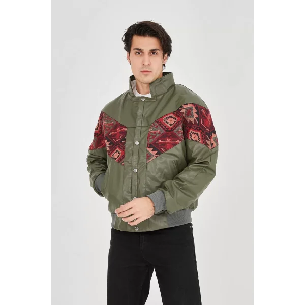 Erkek İçi Astarlı İçten Yaka Kısmı Peluşlu Suni Kumaş Vintage Ceket - Haki