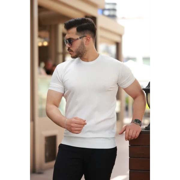 Erkek Ince çizgi Dokulu Bisiklet Yaka Kısa Kollu T-shirt