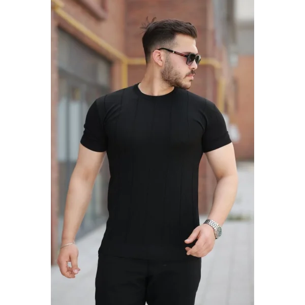 Erkek Ince çizgi Dokulu Bisiklet Yaka Kısa Kollu T-shirt