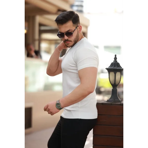 Erkek Ince çizgi Dokulu Bisiklet Yaka Kısa Kollu T-shirt