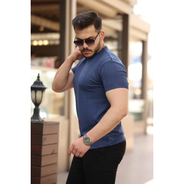 Erkek Ince çizgi Dokulu Bisiklet Yaka Kısa Kollu T-shirt