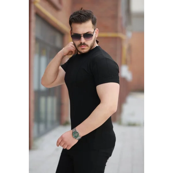 Erkek Ince çizgi Dokulu Bisiklet Yaka Kısa Kollu T-shirt