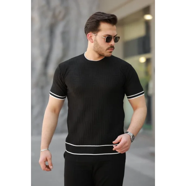 Erkek Jakarlı Ribanalı Kısa Kollu T-shirt