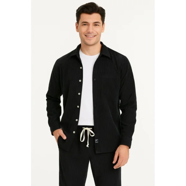 Erkek Kadife Oversize Takım – Gömlek Ve Pantolon İkili Set Füme Corduroy Şıklığı, Rahat Ve Zarif Duruş Yumuşak Dokulu Kadife Kumaş, Düğmeli Gömlek Üst Ve Lastikli Pantolon Alt Parça Ile Gün Boyu Konfor- Siyah