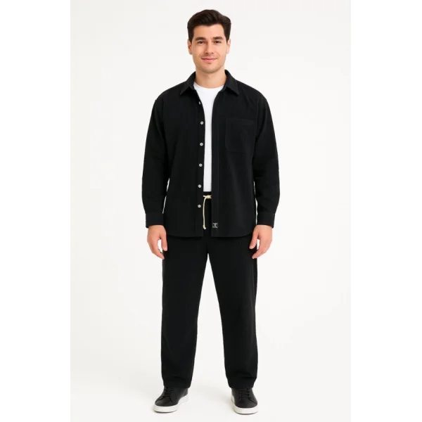 Erkek Kadife Oversize Takım – Gömlek Ve Pantolon İkili Set Füme Corduroy Şıklığı, Rahat Ve Zarif Duruş Yumuşak Dokulu Kadife Kumaş, Düğmeli Gömlek Üst Ve Lastikli Pantolon Alt Parça Ile Gün Boyu Konfor- Siyah