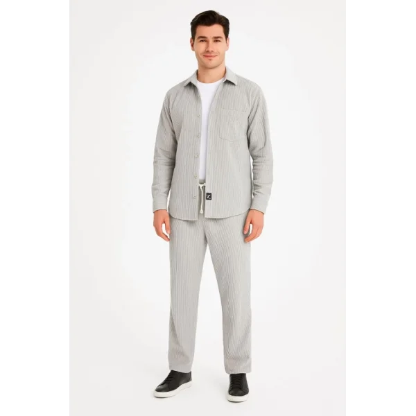 Erkek Kadife Oversize Takım – Gömlek Ve Pantolon İkili Set Füme Corduroy Şıklığı, Rahat Ve Zarif Duruş Yumuşak Dokulu Kadife Kumaş, Düğmeli Gömlek Üst Ve Lastikli Pantolon Alt Parça Ile Gün Boyu Konfor- Gri