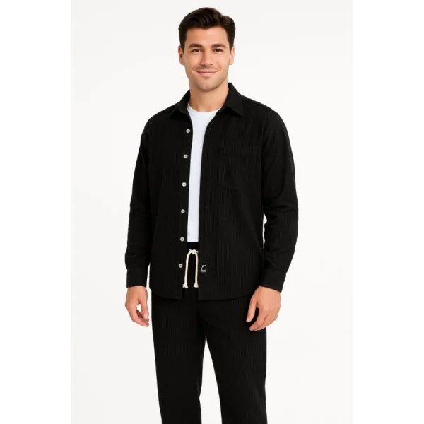 Erkek Kadife Oversize Takım – Gömlek Ve Pantolon İkili Set Füme Corduroy Şıklığı, Rahat Ve Zarif Duruş Yumuşak Dokulu Kadife Kumaş, Düğmeli Gömlek Üst Ve Lastikli Pantolon Alt Parça Ile Gün Boyu Konfor- Siyah