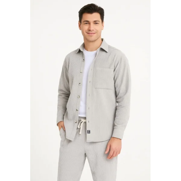 Erkek Kadife Oversize Takım – Gömlek Ve Pantolon İkili Set Füme Corduroy Şıklığı, Rahat Ve Zarif Duruş Yumuşak Dokulu Kadife Kumaş, Düğmeli Gömlek Üst Ve Lastikli Pantolon Alt Parça Ile Gün Boyu Konfor- Gri