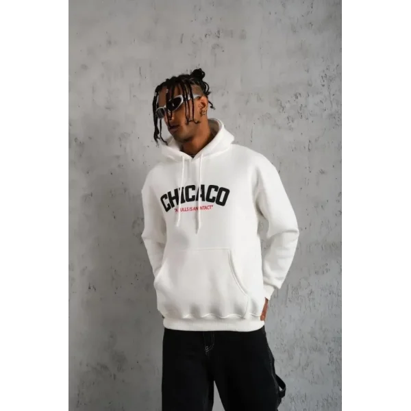 Erkek Kanguru Cepli Baskılı Kapüşonlu Sweatshirt - Beyaz