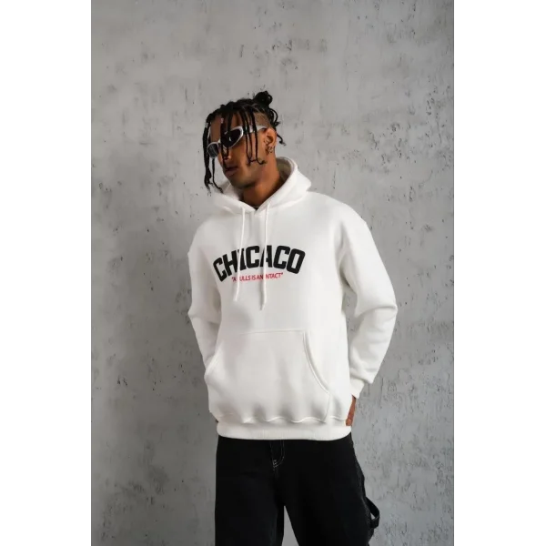 Erkek Kanguru Cepli Baskılı Kapüşonlu Sweatshirt - Beyaz