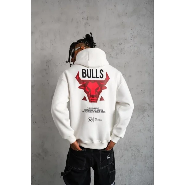 Erkek Kanguru Cepli Baskılı Kapüşonlu Sweatshirt - Beyaz