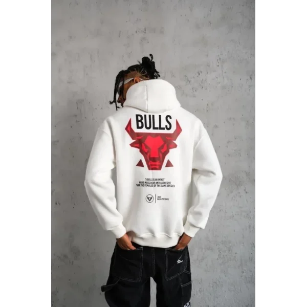 Erkek Kanguru Cepli Baskılı Kapüşonlu Sweatshirt - Beyaz