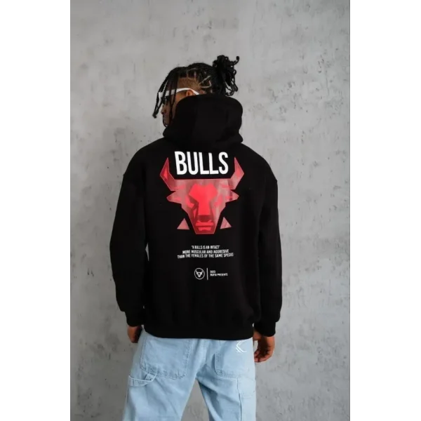 Erkek Kanguru Cepli Baskılı Kapüşonlu Sweatshirt - Siyah