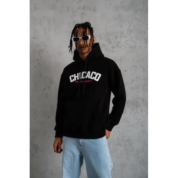 Erkek Kanguru Cepli Baskılı Kapüşonlu Sweatshirt - Siyah