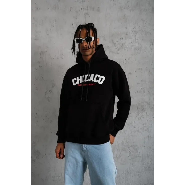 Erkek Kanguru Cepli Baskılı Kapüşonlu Sweatshirt - Siyah