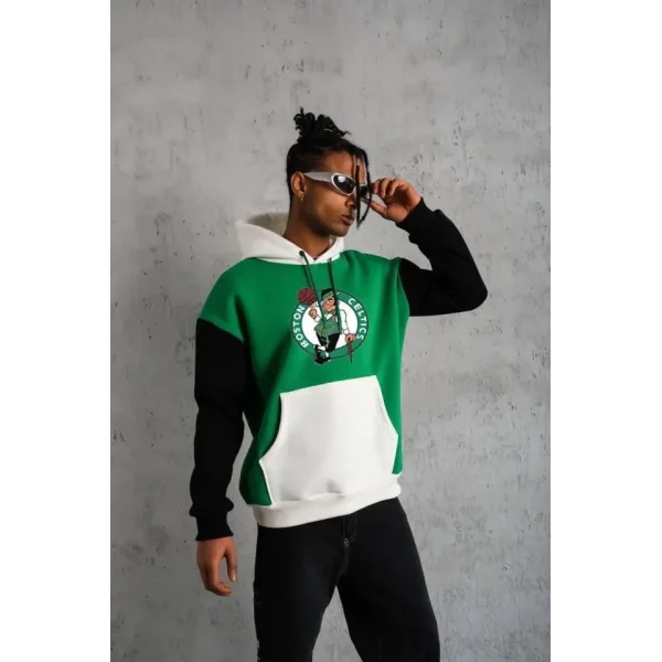 Erkek Kanguru Cepli Çok Parçalı Kapüşonlu Sweatshirt - Yeşil