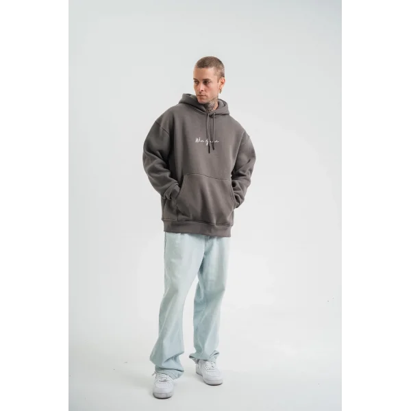 Erkek Kapşonlu Double Oversize Dijital Patchli SweatShirt - Füme