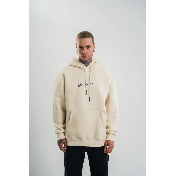Erkek Kapşonlu Double Oversize Dijital Patchli SweatShirt - Krem
