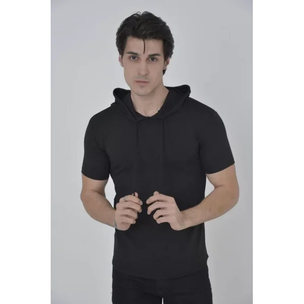 Erkek Kapşonlu Slim Fit T-shirt - Siyah