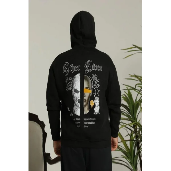 Erkek Kapşonlu Sweatshirt – Oversize Üç İplik Şardonlu Hoodie, “Other Lives” Ön & Arka Baskılı, Kanguru Cepli, Kışlık Rahat Günlük Stil - Siyah