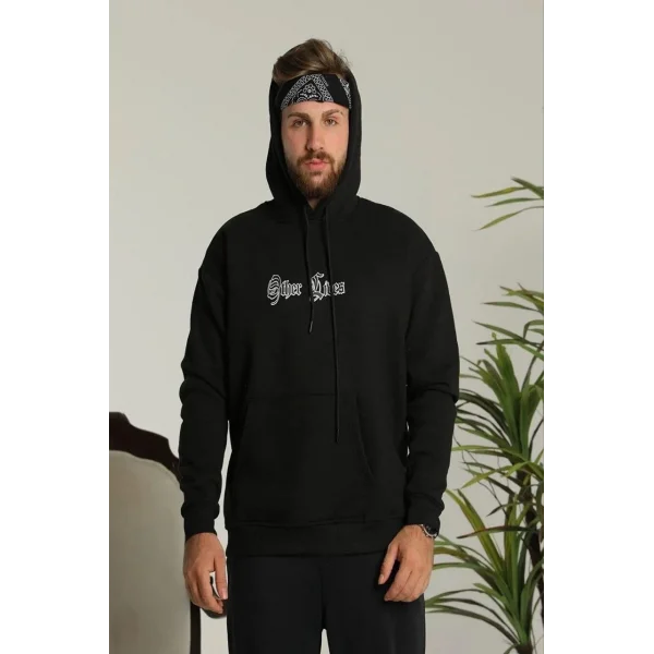 Erkek Kapşonlu Sweatshirt – Oversize Üç İplik Şardonlu Hoodie, “Other Lives” Ön & Arka Baskılı, Kanguru Cepli, Kışlık Rahat Günlük Stil - Siyah