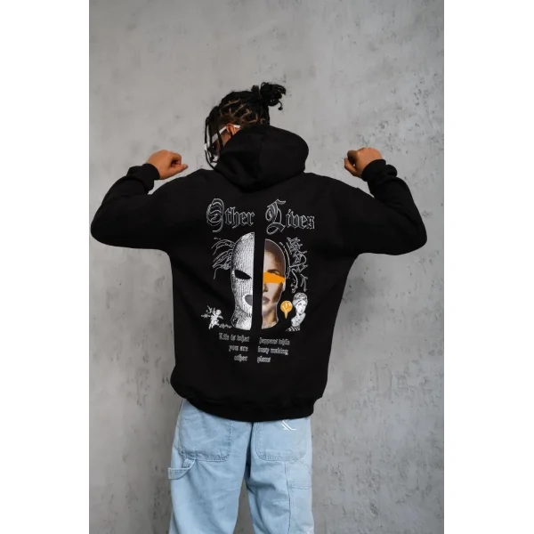 Erkek Kapşonlu Sweatshirt – Oversize Üç İplik Şardonlu Hoodie, “Other Lives” Ön & Arka Baskılı, Kanguru Cepli, Kışlık Rahat Günlük Stil - Siyah