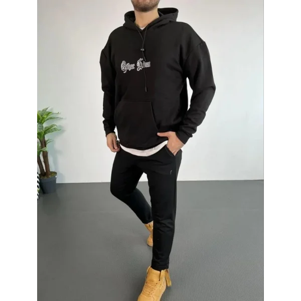 Erkek Kapşonlu Sweatshirt – Oversize Üç İplik Şardonlu Hoodie, “Other Lives” Ön & Arka Baskılı, Kanguru Cepli, Kışlık Rahat Günlük Stil - Siyah