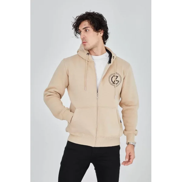 Erkek Kapüşonlu Baskılı Fermuarlı Hırka - Bej