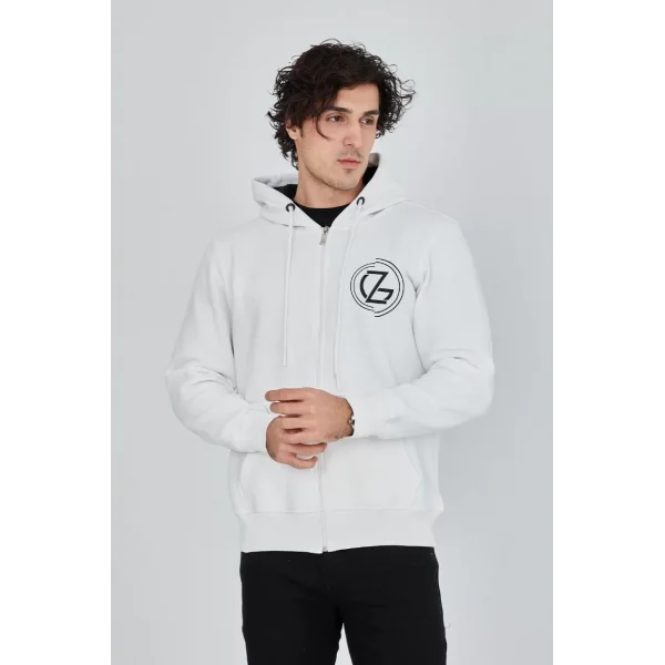 Erkek Kapüşonlu Baskılı Fermuarlı Hırka - Beyaz