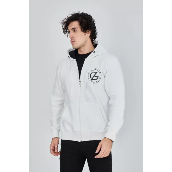 Erkek Kapüşonlu Baskılı Fermuarlı Hırka - Beyaz