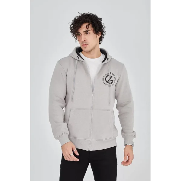 Erkek Kapüşonlu Baskılı Fermuarlı Hırka - Boyalı Gri