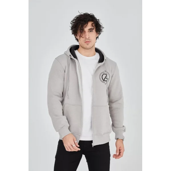 Erkek Kapüşonlu Baskılı Fermuarlı Hırka - Boyalı Gri