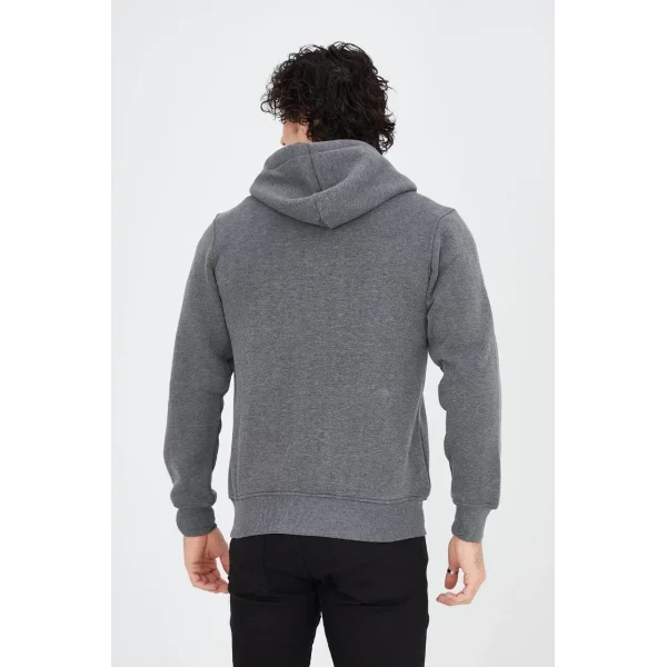 Erkek Kapüşonlu Baskılı Fermuarlı Hırka - Füme