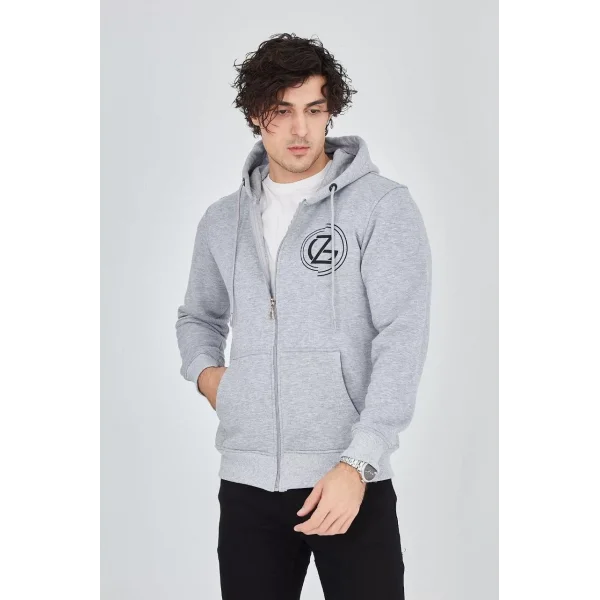 Erkek Kapüşonlu Baskılı Fermuarlı Hırka - Gri